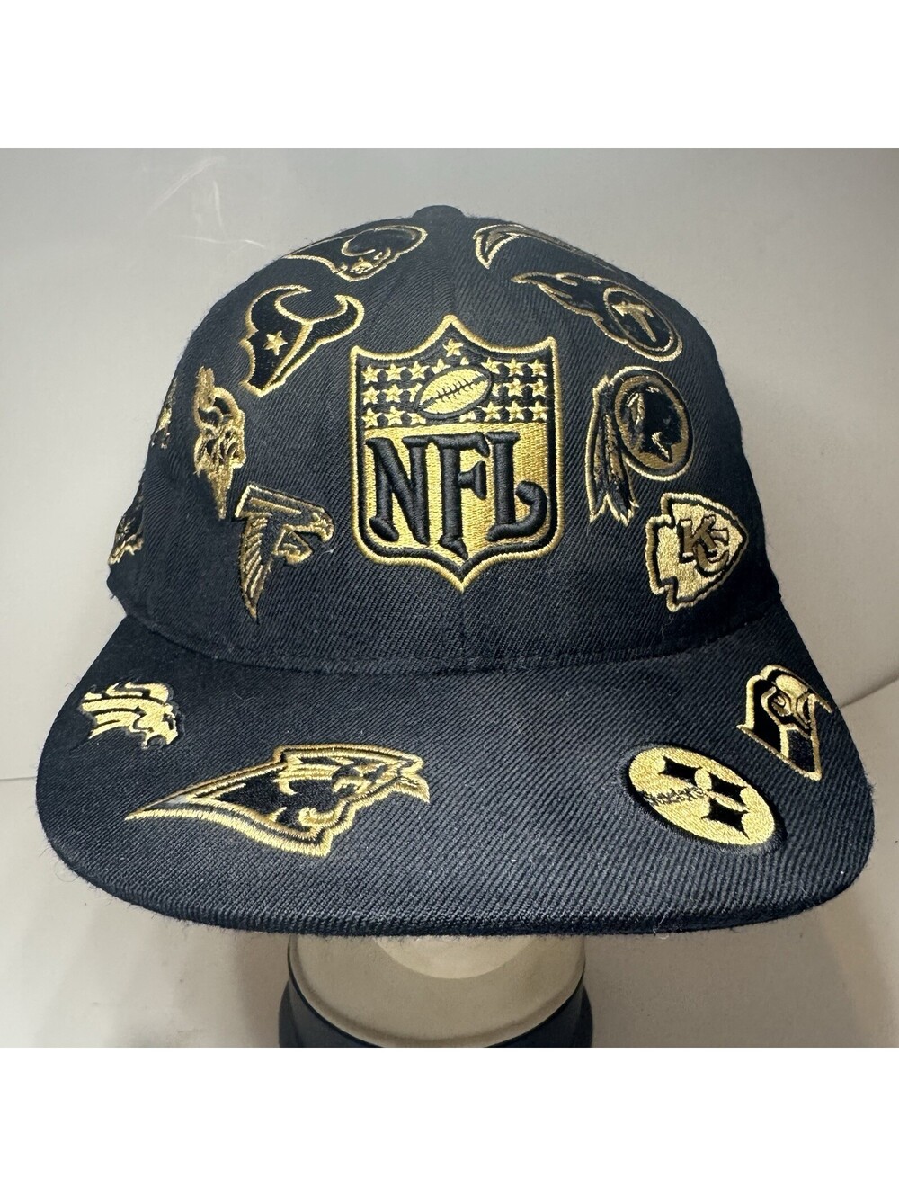 Reebok NFL All Team Logos Gold Black Fitted Hat Cap Size 7 3/4 Wool Rare